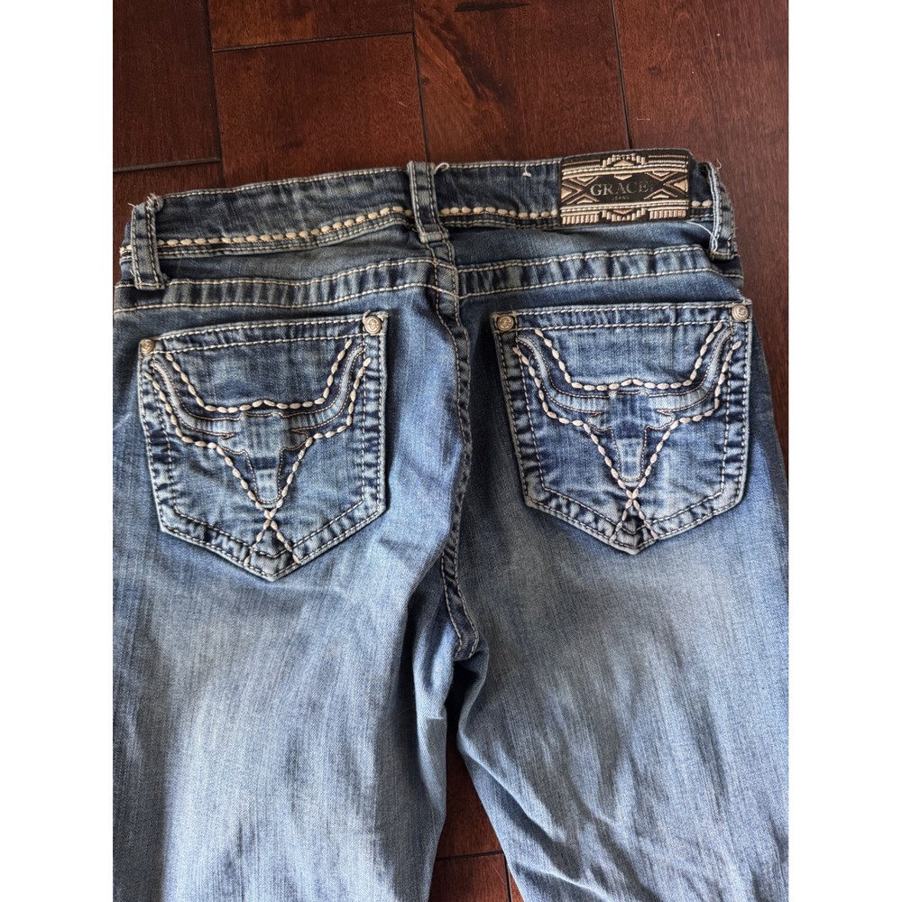 Grace in LA Women 27 Flare Jeans Medium Wash Embellished Raw Hem Western Rodeo - Picture 6 of 8